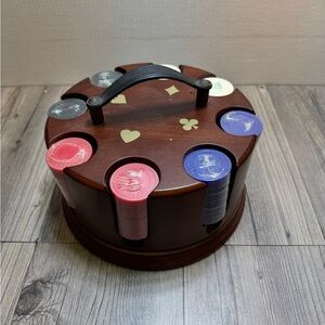 Vintage 2001 Poker Caddy Wood With New Chips Bombay Co. Carousel With Handle